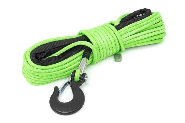 Rough Country - 1/4 Inch Synthetic Rope 85 Feet Rated Up to 16,000 Lbs 3/8 Inch Includes Clevis Hook and Protective Sleeve UTV, ATV Green Rough Country