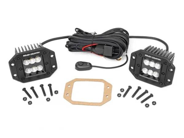 Rough Country - 2 Inch Square Flush Mount Cree LED Lights Pair Black Series, Flood Beam Rough Country