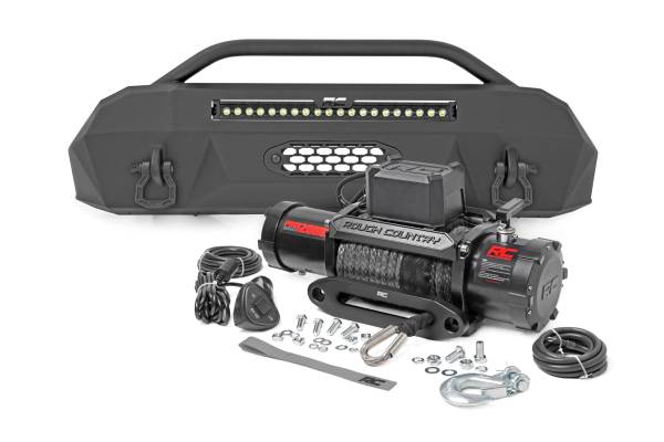 Rough Country - Front Bumper Hybrid with 12000-Lb Pro Series Winch Black Series with White DRL LED Light Bar 16-22 Toyota Tacoma 4WD Rough Country