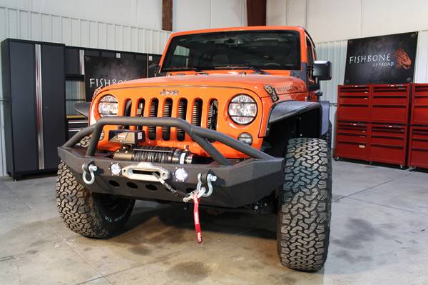 Fishbone Offroad - Jeep JK Front Winch Bumper W/LEDs Full Width 07-18 Wranger JK Black Texured Powercoated Fishbone Offroad