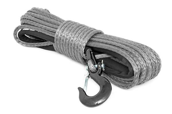 Rough Country - Synthetic Rope 85 Feet Rated Up to 16,000 Lbs 3/8 Inch Includes Clevis Hook and Protective Sleeve Grey Rough Country