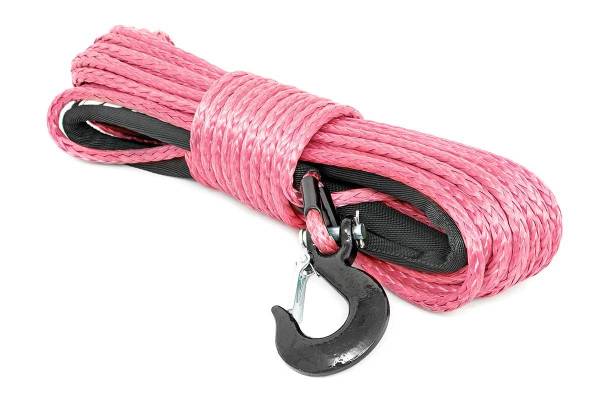 Rough Country - Synthetic Rope 85 Feet Rated Up to 16,000 Lbs 3/8 Inch Includes Clevis Hook and Protective Sleeve Pink Rough Country