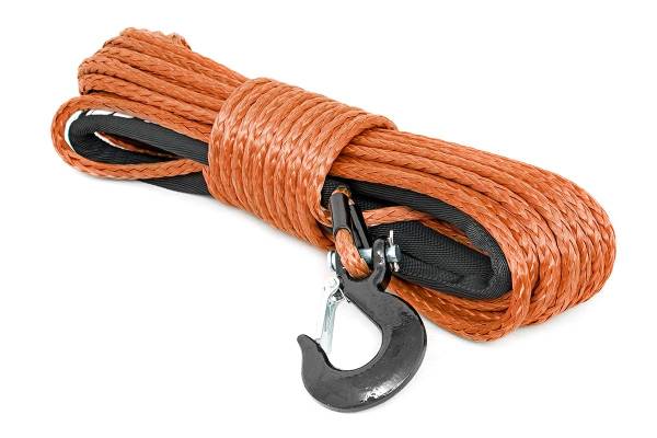 Rough Country - Synthetic Rope 85 Feet Rated Up to 16,000 Lbs 3/8 Inch Includes Clevis Hook and Protective Sleeve Orange Rough Country