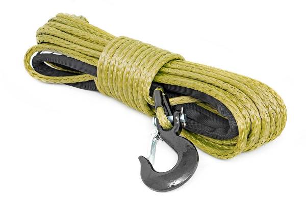 Rough Country - Synthetic Rope 85 Feet Rated Up to 16,000 Lbs 3/8 Inch Includes Clevis Hook and Protective Sleeve Army Green Rough Country