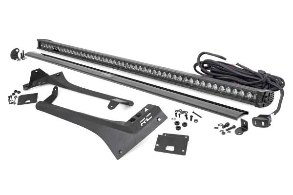 Rough Country - Jeep 50-Inch Straight LED Light Bar Upper Windshield Kit w/ Single-Row Black Series LED White DRL 20-Up Gladiator JT 18-20 Wrangler JL Rough Country