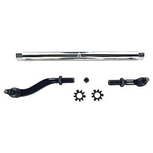 Apex Chassis Heavy Duty 2.5 Ton Flipped Drag Link Assembly in Polished Aluminum Fits: 19-22 Jeep Gladiator JT 18-22 Jeep Wrangler JL. Note: This FLIP kit fits Dana 44 & Dana 30 axles with a lift exceeding 4.5 inches. Requires drilling the knuckle.